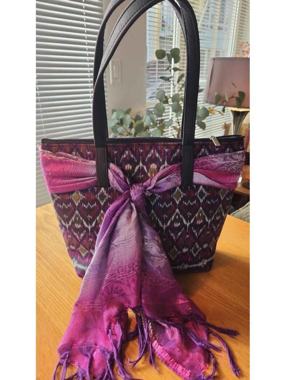 Tote Bag with purple Ikat pattern fabric & scarf tied thru the handles. 11x16x 4